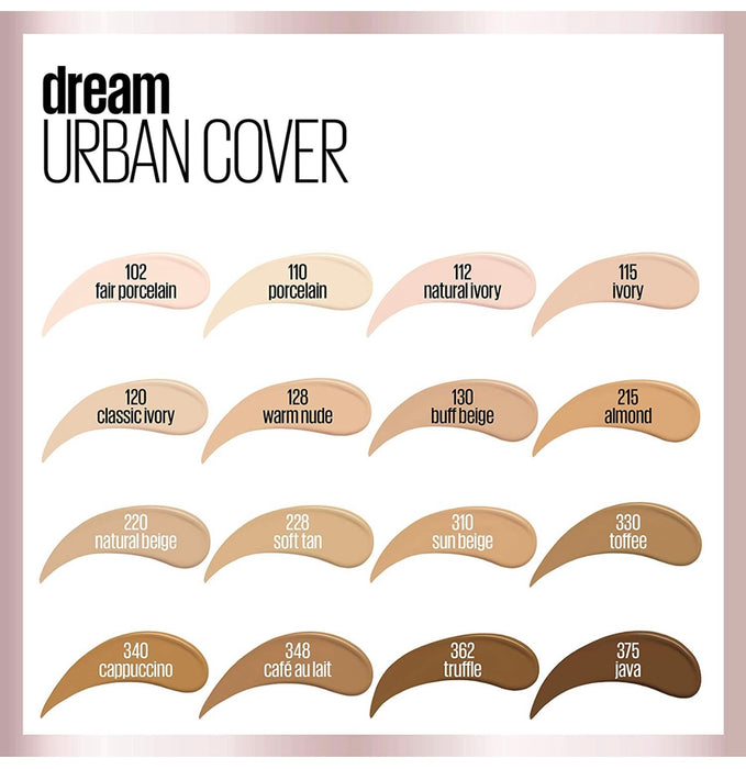Maybelline Dream Urban Cover flawless Coverage Foundation Makeup, SPF 50, Fair Porcelain, 1 fl oz